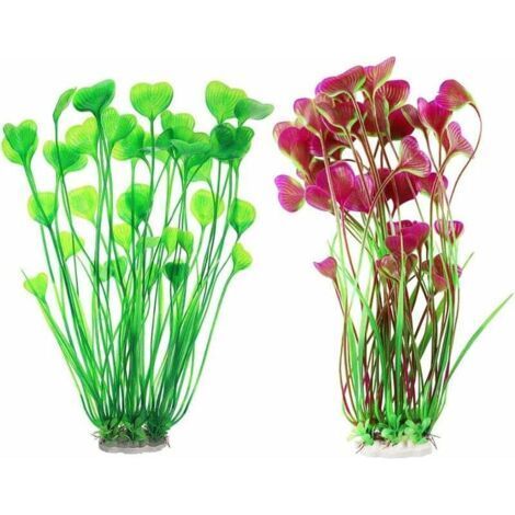 2 Pieces Plastic Artificial Plants for Aquarium Decoration，Large Aquarium Plants Artificial Plants for Aquarium Landscaping Ornaments 40cm High,Green+Wine Red-Fe (1/4)