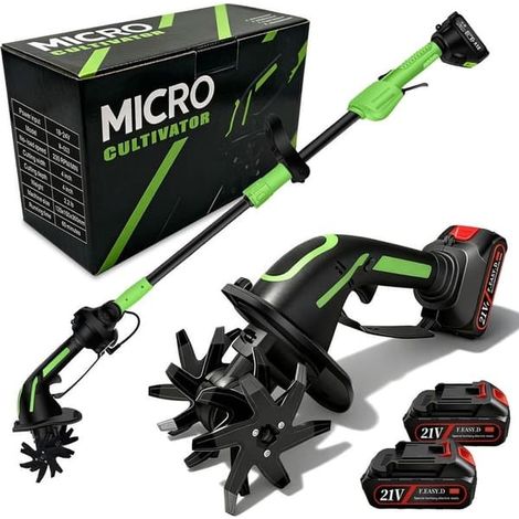 Redroad – Motoculteur électrique 21 V avec 2 batteries de 3 000 mAh – Moteur de 550 W, 235 tr/min – Largeur et profondeur de travail de 10 cm – 4 lames métalliques (1/5)