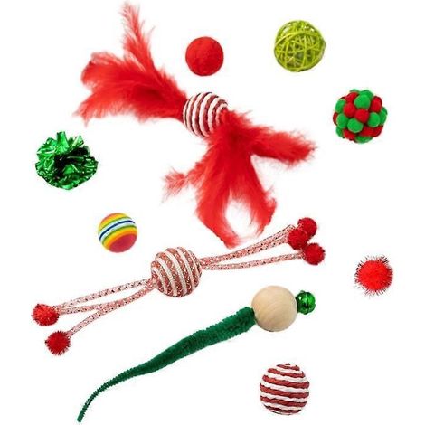 Katzenspielzeug, Weihnachtskugeln mit Fellanhängern und lustigen Pompons - 10 Stück, 2 Größen.