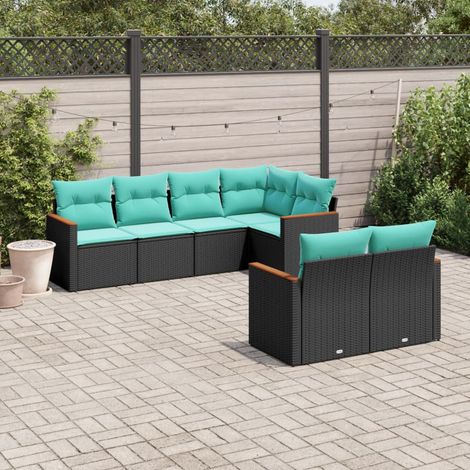 7-teiliges Gartensofa-Set mit Kissen, schwarzes Polyrattan (1/5)