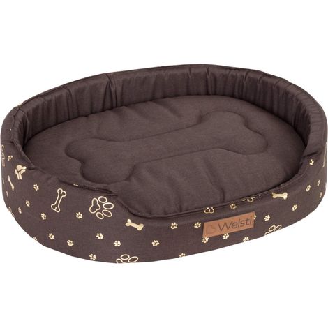 Ovales Hundebett Welsti braun goldene Knochen und Pfoten XL 80x67 wigofil