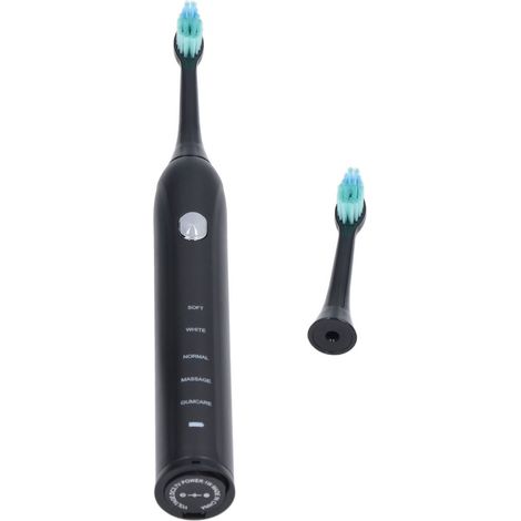 Brosse à dents électrique adulte rechargeable, blanchissante ultrasonique, 5 modes, étanche, poils souples, double tête, étui de rangement, noir, charge USB (1/5)