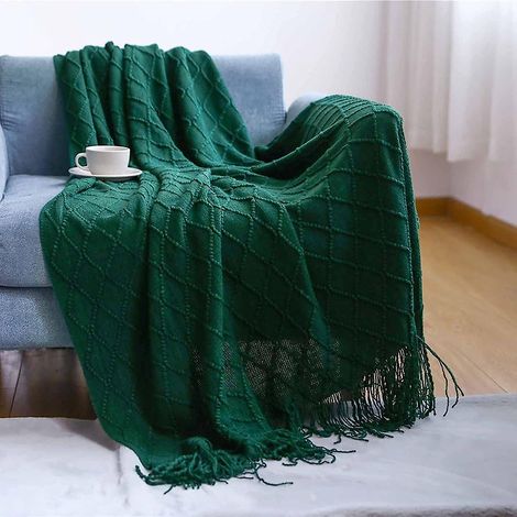 Couverture tricotée à franges nordiques vertes - Jeté de canapé doux et uni (1/5)