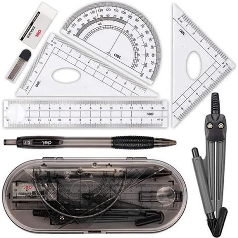 Kit Geometrie - Regle Droite - Equerre Triangle - Rapporteur - Compas - Crayon Mecanique - Effaceur - Recharges Mine - 8 Pieces (1/4)