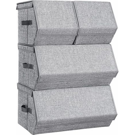 Boîte de Rangement avec Couvercle, Lot de 4, Coffre, Panier, Empilable, avec Fermetures Magnétiques, en Tissu, Cadre en Métal, pour Vêtements, Livres, Gris (1/5)