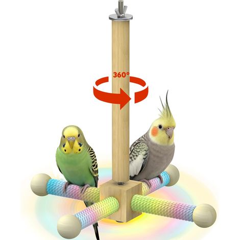 Perchoir Rotatif 360° pour Oiseaux, Support interactif pour perroquets, Jouet à mâcher en Bois Naturel pour Petits Oiseaux, Jouet pour perruches, calopsittes, Accessoires pour Cage (1/4)