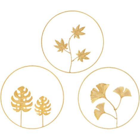 3pcs Sculptures Murales En Fer Décorations Murales Rondes En Métal Gingko Biloba Art Fleurs Décoration Murale Ornement Pour Salon Cuisine Maison Hôtel Chambre (Doré)