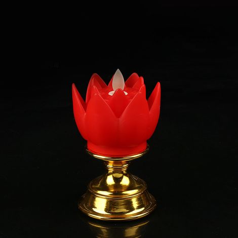 Lampe Lotus LED avec mèche de bougie simulée, lumière naturelle douce, décoration fleur de lotus rouge pour autel bouddhiste. (1/5)