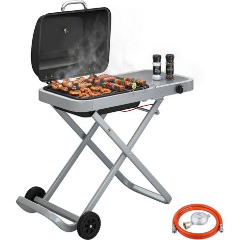 Outsunny barbacoa de gas plegable con quemador 2,5 kw, termómetro, mesa lateral, parrilla de hierro fundido, recogedor grasa y 2 ruedas, negro