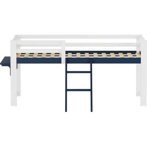 Cama alta infantil 90 x 200 cm de pino con barrera, escalera, estante y somier - HOMVRA (1/5)
