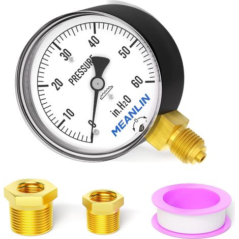 0-60 in H2O Manomètre à membrane pour basses pressions 1/4" BSP 2-1/4" FACE DIAL Jauge à colonne d'eau réglable,avec une douille hexagonale de 1/2" BSP et 3/8" BSP,Montage inférieur. (1/5)