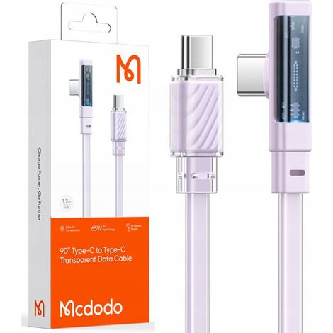 Cable USB-C Mcdodo con conector en ángulo para carga rápida, USB tipo C, 3A, 65W, color morado, 1 m. (1/5)
