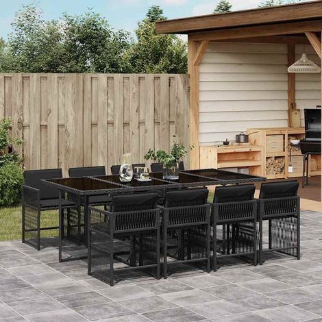 Ensemble de salle à manger jardin 9 places en résine tressée noire avec table en verre trempé et coussins amovibles (1/5)