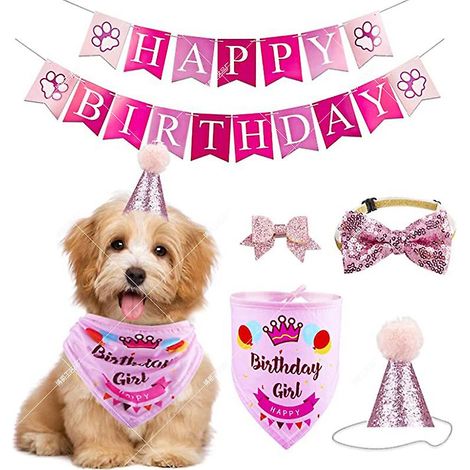 Ensemble bandana rose d'anniversaire pour chats et chiens avec foulards triangulaires, chapeau, nœud papillon et banderole - Décoration de fête pour anniversaire de chien ou de chat (1/5)