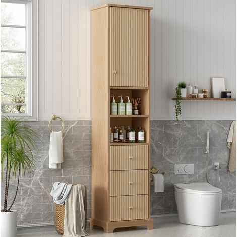 Mueble de baño alto 40x30x172 cm en MDF natural con 3 cajones y estantes abiertos (1/5)