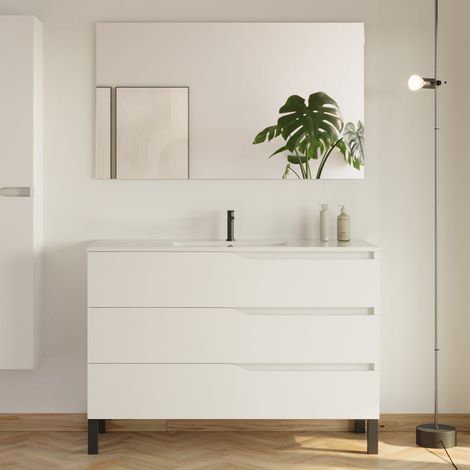 Meuble de salle de bain 120cm simple vasque - 3 tiroirs - blanc - MATA (1/5)