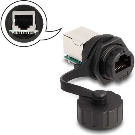 Delock Conector de cable RJ50 hembra a RJ50 hembra para instalaciÃ³n con tapa protectora IP68 resistente al polvo y al agua negro