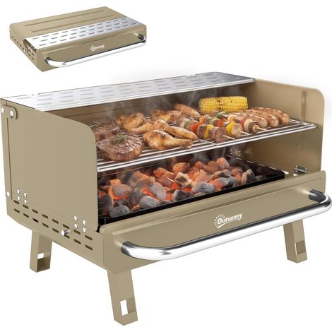 Outsunny Portable Barbecue Grill with Adjustable Grates for Camping, Khaki