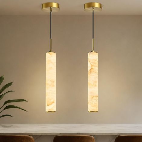 Lot de 2 Suspensions en Pierre Naturelle, 50 cm 25 W, Luminaires Cylindriques Modernes en Métal, Cordon Réglable, Lumière Chaude, Cuivre (1/5)