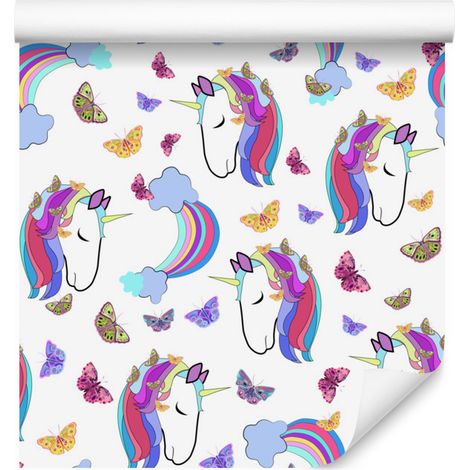 Papel pintado de unicornios y mariposas de colores para salón y dormitorio, 50x1000 cm. (1/5)