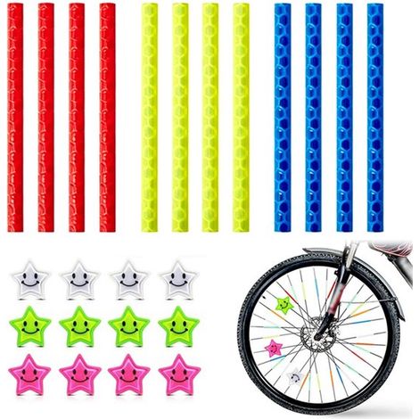 24 pièces - Réflecteurs pour rayons de vélo - Décoration pour rayons de vélo - Réflecteur - Clips étoiles - Tubes de rayons réfléchissants colorés et clips étoiles - pour vélos enfants et VTT - Visibi (1/5)
