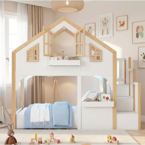 Kinder-Hochbett 90x200 cm im Hausdesign mit LED, Treppe mit Stauraum, Fenster, Weiß/Natur (1/5)