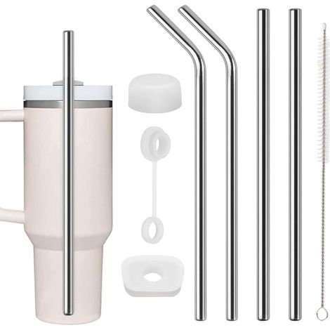 Lot de 4 pailles - En acier inoxydable 304 - 30 cm - Réutilisables - Avec brosses de nettoyage et bouchons en silicone - Pour gobelets de 30/40 onces, verre et accessoires (1/5)