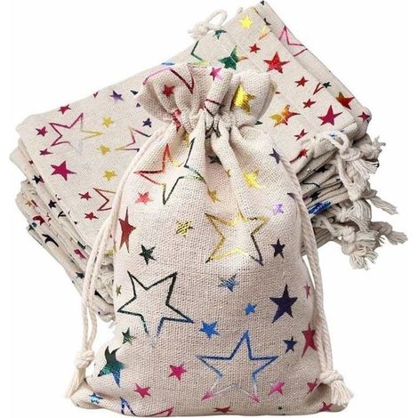 Set mit 20 Jute-Tragetaschen, 13 x 18 cm, Sternenmuster, Mini-Geschenktüten, Schmuckbeutel, Beutel mit Kordelzug (1/5)
