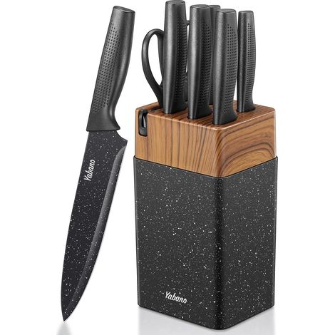 Set Couteaux Cuisine 7 Pièces avec Bloc et Aiguiseur Intégré, Bloc de Couteaux de Cuisine en Plastique, Lames en Acier Inoxydable Ultra-Tranchantes, Revêtement et Antirouille (Tacheté) (1/5)