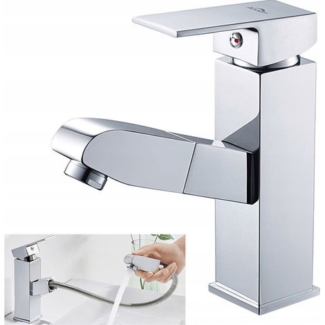 Miscelatore per lavabo cromato con doccetta in acciaio inox, leva singola per acqua calda e fredda, tubi flessibili inclusi rubinetto per bagno cromato rubinetto per bagno cromato (1/5)