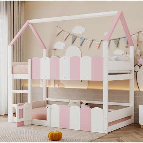 Cama alta infantil 90x200 cm rosa y blanca de madera con diseño de casita y barandillas (1/5)