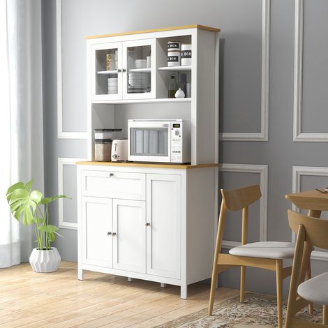 Credenza da cucina alta con 5 ante, di cui 2 in vetro e 1 cassetto, 1 nicchia centrale - altezza 180 cm, bianca