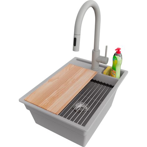 PRIMAGRAN Evier Cuisine en Granit 38x53cm,Lavabo 1 bac + Robinet 40x20cm + Kit de Vidage + Accessoires, Évier à Encastrer au meuble 40cm - Oslo Pocket, Gris (1/5)