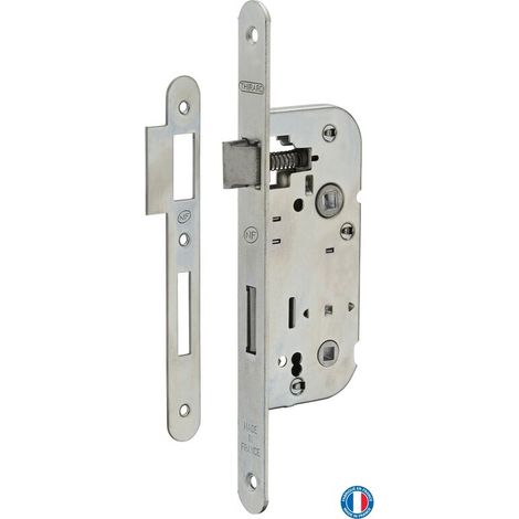 Serrure encastrable NF à condamnation salle de bain – Axe 40mm – Entr'axe 70mm – Acier embouti – Installation facile sans démontage (1/5)