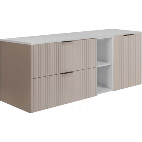 Rodan Badschrank 140 cm, Beige Matt und Holz, 46 x 140 x 57 cm, geriffelte Türen, weiße Platte, mit Badregal, feuchtraumgeeignet
