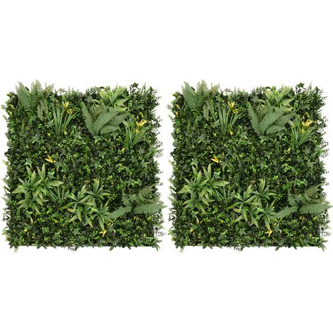 Panneau Mural Végétal Artificiel (x 2) Ayla 100 cm x 100 cm, Dalles Feuillage Vert Intérieur Extérieur, Résistantes UV Intempéries, Sans Entretien, Clôture Jardin, Kit Fixation (1/5)
