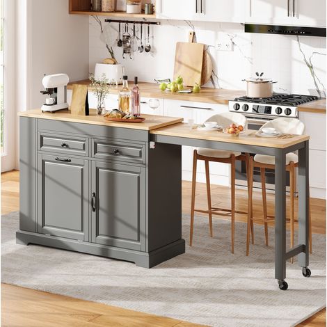 Isola cucina mobile 112-180x45x92 cm con piano estensibile, vani contenitori e ruote, MDF grigio naturale (1/5)
