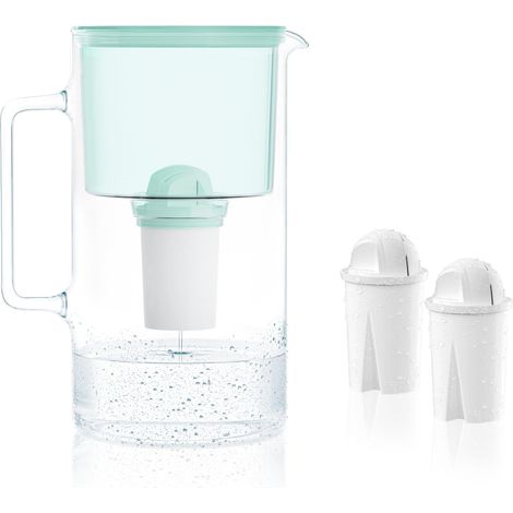 Carafe Filtrante en Verre avec Deux Cartouche Anti Calcaire, Carafe d'eau Capacité de 3 L, Filtres eau Compatible avec Classic, Classic, Menthe (1/5)