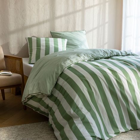 Parure de lit 140x200 coton rayure vert Terre de Nuit Nova - NOVA (1/5)