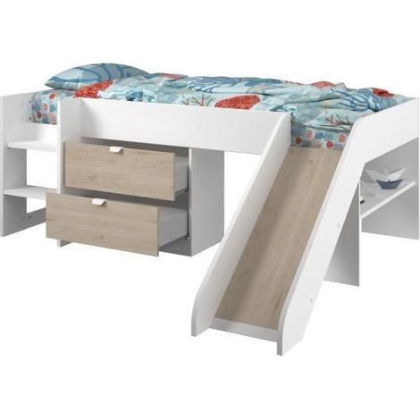 Les Tendances – Lit toboggan enfant avec 2 tiroirs de rangement – Structure panneaux de particules – Décor chêne jackson et blanc – Couchage 90 x 200 cm (1/10)