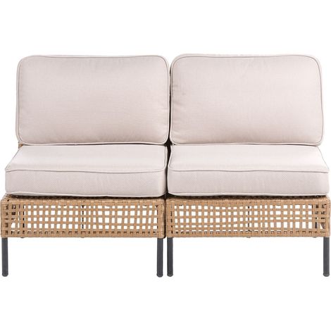 Outdoor Sofa Light Beige PE Rattan 2 Seater Metal Frame with Seat Backrest Cushions Water-repellent Olefin Modern Style Garden Patio Terrace OMEGANA
