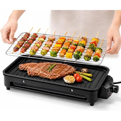 Gril de table électrique 2 en 1, grande surface de cuisson avec grille, BBQ électrique 1500W à 5 niveaux de chaleur réglables, plancha pour cuisine et balcon, utilisation intérieur extérieur, nettoyag (1/5)