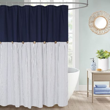 Farmhaus Rideau de douche à rayures bleu marine et bleu, rideau à boutons, lin et coton, tissu tissé, charme rustique, style maison de campagne, 180 x 180 cm (1/5)