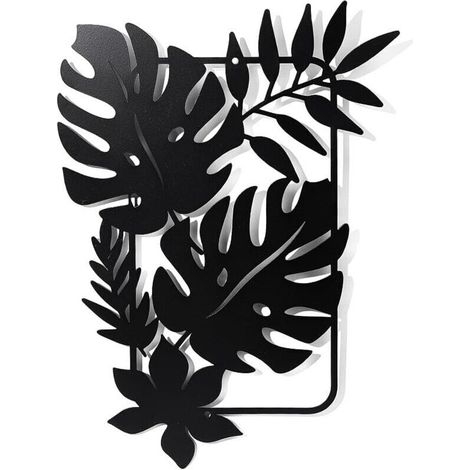 Decoración de pared metálica con forma de hoja de palma, decoración colgante negra con silueta de hojas tropicales para el hogar, dormitorio, sala de estar, baño, cocina y oficina, 30 x 21,9 cm. (1/4)