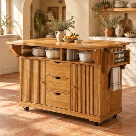 Isola cucina con allunghe pieghevoli, 95 cm, 3 cassetti, MDF marrone scuro DESVIAE (1/5)