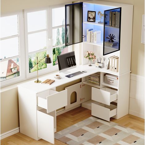 MODFU – Scrivania angolare 120x80x180 cm in MDF con vetrina LED 7 colori, 3 cassetti e passacavi – Bianco (1/5)