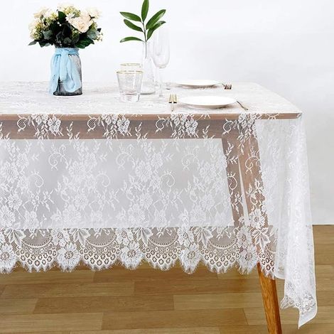 Rechteckige Tischdecke aus weißer Vintage-Spitze mit Stickerei, 150 x 300 cm (1/5)