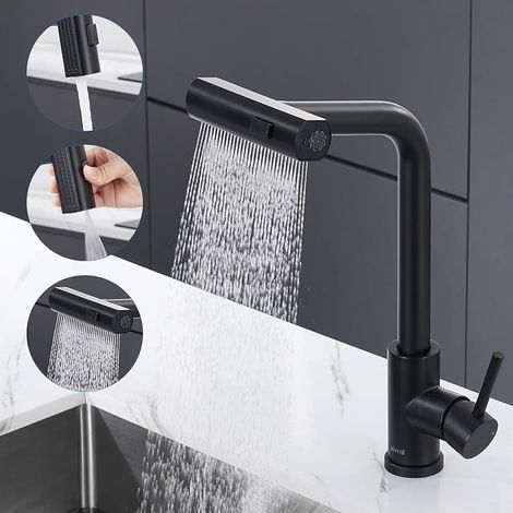 Robinet Cuisine Noir Cascade, Mitigeur Cuisine avec Douchette Extractible 3 Modes de Réglage, Robinetterie Evier Cuisine Escamotable Rotatif à 360° en Acier Inoxydable, Finition Noir Mat (1/5)