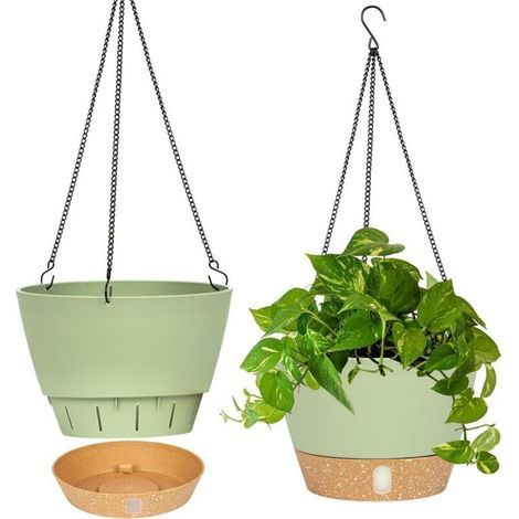 Set aus 2 Hängepflanzgefäßen, 25,4 cm Durchmesser, für den Innen- und Außenbereich, Hängeblumentopf mit Abflussloch und 3 Haken für Garten und Zuhause (Grün). (1/5)