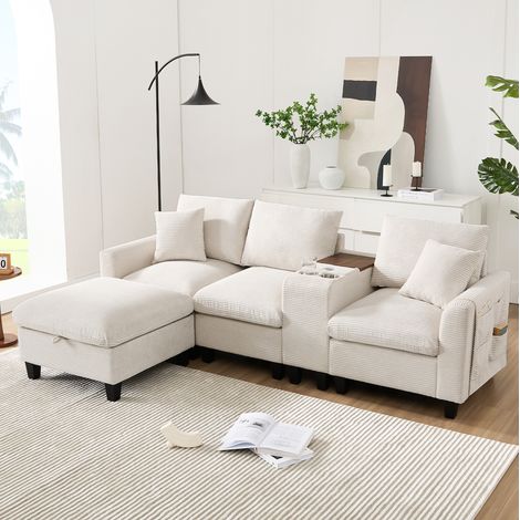 Sofá de esquina en L 229x149,5x83 cm de terciopelo beige con consola, para salón pequeño – MEUBLIV (1/5)